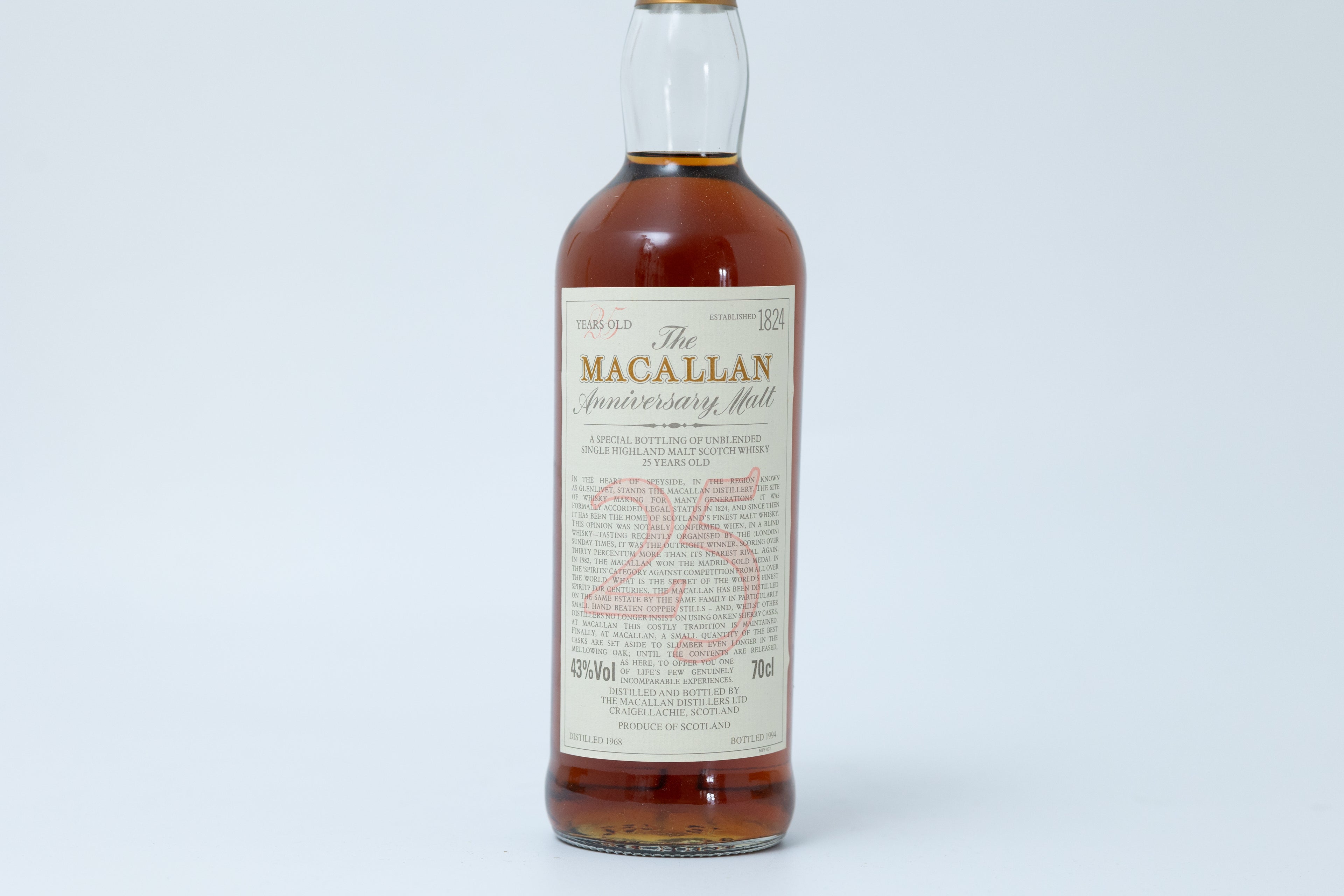 Macallan 1968 25 Year Old Anniversary Malt Bottled 1994 With Original Wood Box