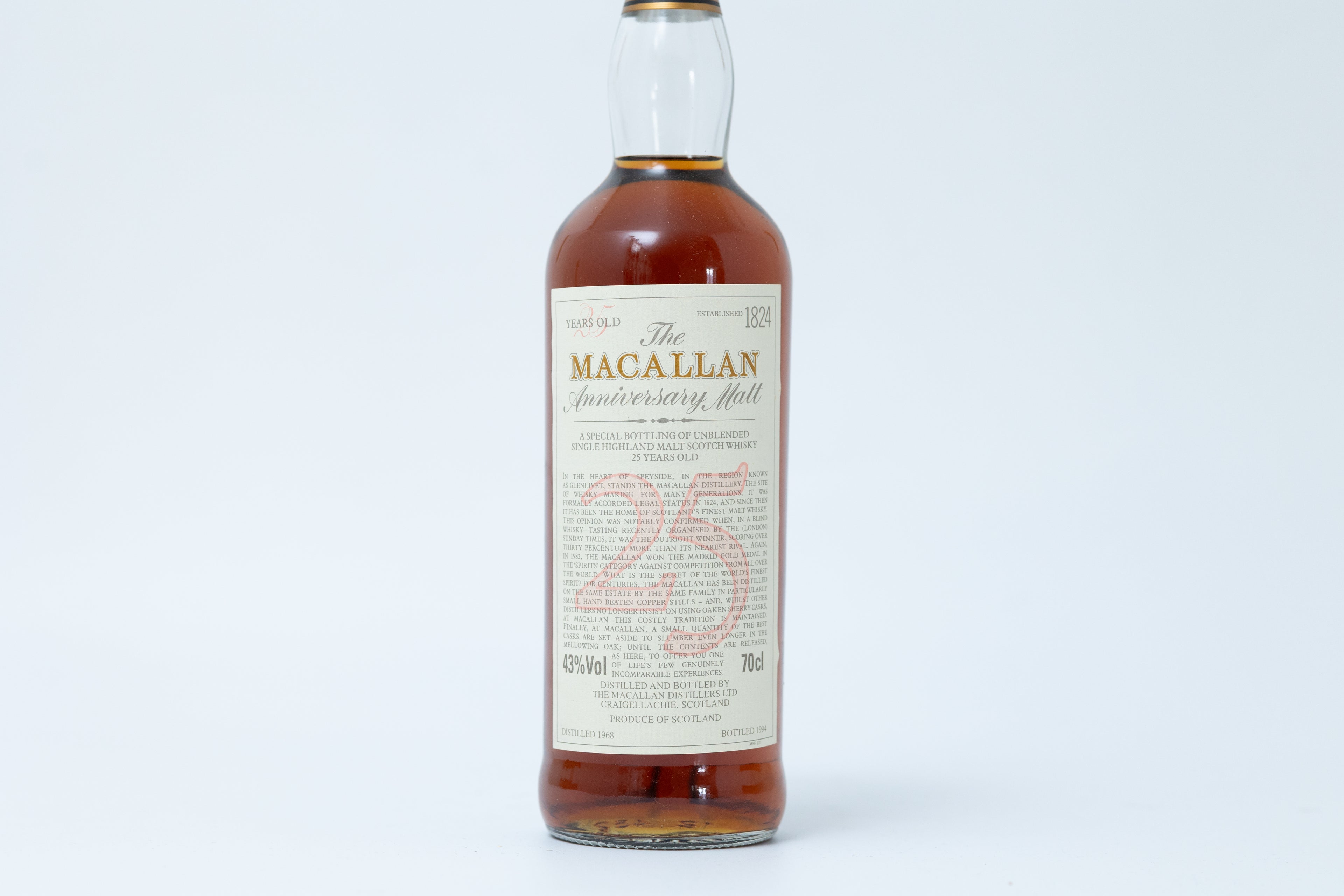 Macallan 1968 25 Year Old Anniversary Malt Bottled 1994 With Original Wood Box