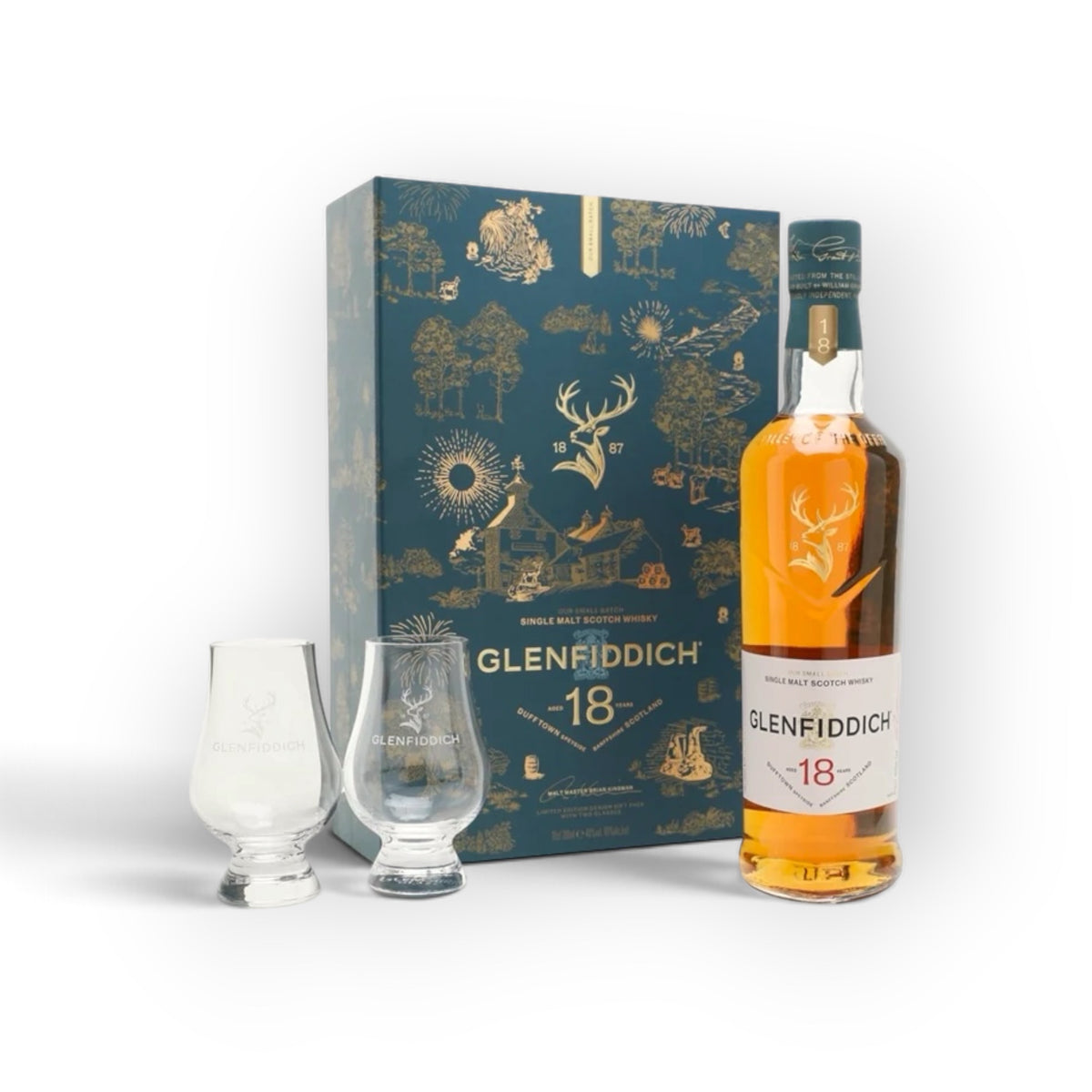 Glenfiddich 18 Year Old Gift Pack with 2 Glasses | Small Batch Reserve | 40% | 70cl | Speyside Single Malt